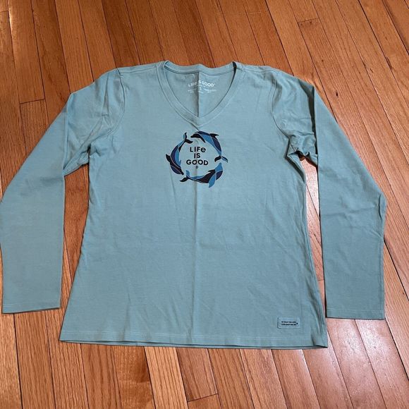 Life Is Good Crusher Tee Womens Long Sleeve Tee Size Small S Green V-Neck Shirt - Picture 2 of 10